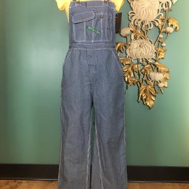 1980s overalls, pinstriped, vintage denim, jeans, key overalls, 32/30, medium, blue and white striped, streetwear, men’s, unisex, workwear 