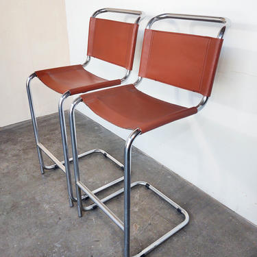 Vintage Terra Cotta Leather + Chrome Counter Height Stools 