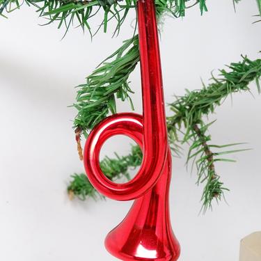 Antique Red Czech Hand Blown Glass Trumpet Horn, Vintage Christmas Tree Ornament 