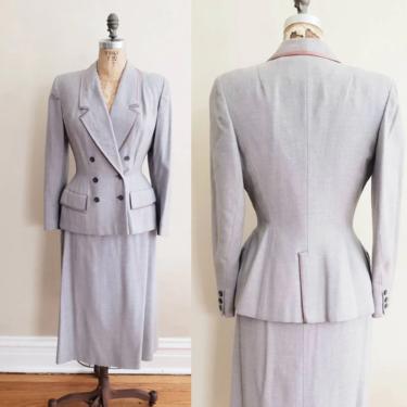 1940s Gray Wool Skirt Suit / 40s Structured Suit Double Breasted Blazer + A Line Skirt Kreps / Medium 