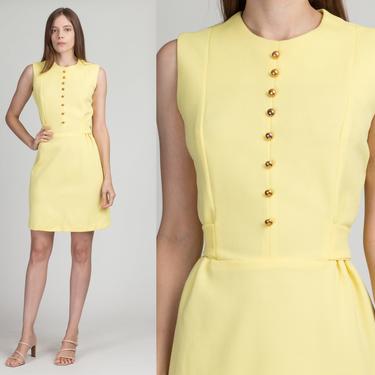 60s 70s Yellow Mod Mini Dress - Medium | Vintage Sleeveless A Line Button Front Dress 