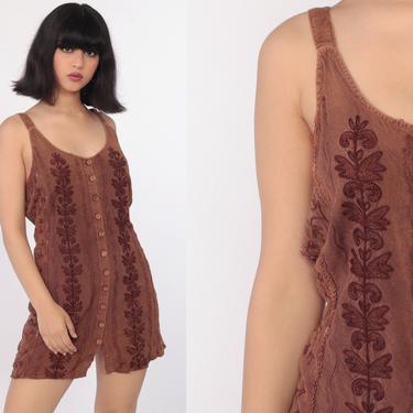 Hippie Sun Dress 90s Brown EMBROIDERED Button Up Mini Indian Boho Hippy Ethnic Sundress Festival 1990s Bohemian Vintage Summer Small 
