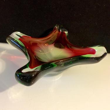 Vintage Mid Century Modern Red and Green Glass Bowl Murano? Czech? Swedish? 