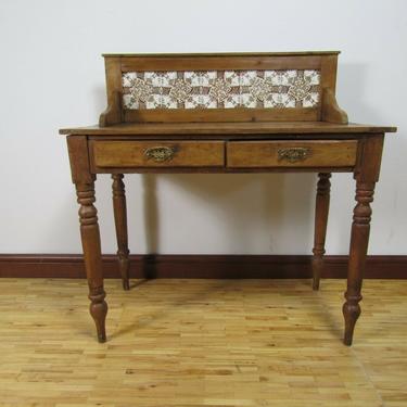 English Victorian Pine Washstand with Tiles in Back 1890s 