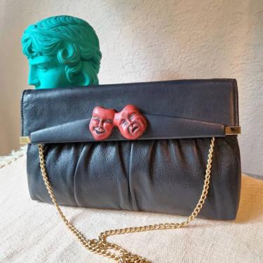Vintage leather purse black with red ceramic drama faces and gold chain strap redesigned by Amanda Alarcon-Hunter for Minx and Onyx Vintage 