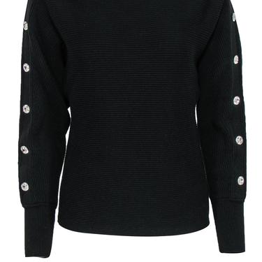 Intermix - Black Ribbed Wide Neck Sweater w/ Rhinestone Buttons Sz P