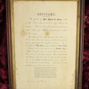 Antique Framed Obituary of Mrs. Lydia P. Howe, July 1870 