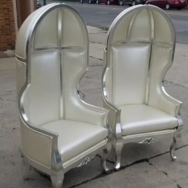 Vintage Hollywood Regency White w/Metallic Silver Finished Frame Canopy Chairs