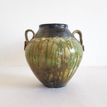 Vintage Art Pottery Vase, Green Tortoiseshell Double Handle Ceramic Pot, Wheel Thrown, Marbled Drip Glaze, Signed Northwest Pottery 