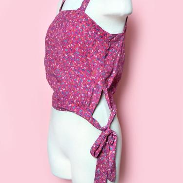 Vintage Blouse Camisole 1970's Pink Top, 1980's Raspberry Purple Floral print Shirt, Tie Bow Waist Hippie Boho Festival 