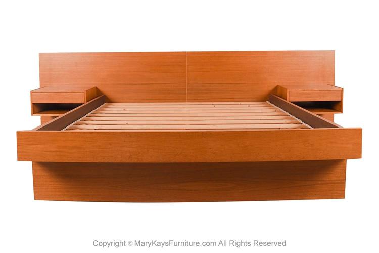 Danish Modern Teak Queen Platform Bed with Floating Nightstands 