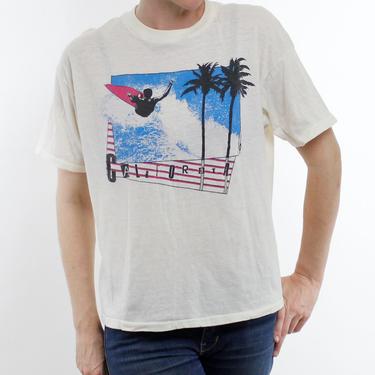 Vintage 80's California design shirt, surfer, palm trees, ransom lettering, wide cropped body style, off white - Large 