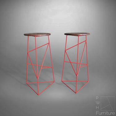 Set of Two Modern Steel Bar Stools in Red Finish with Solid Walnut Seat (Set of 2) 
