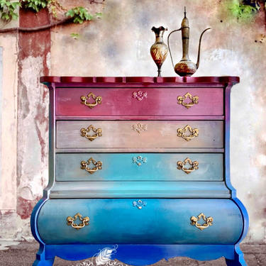 Multi Color Bombe Chest. Vintage Chest. Entryway Accent Table. Century Dresser. Boho, Eclectic, French Country Home. Bedroom, Living Room. 