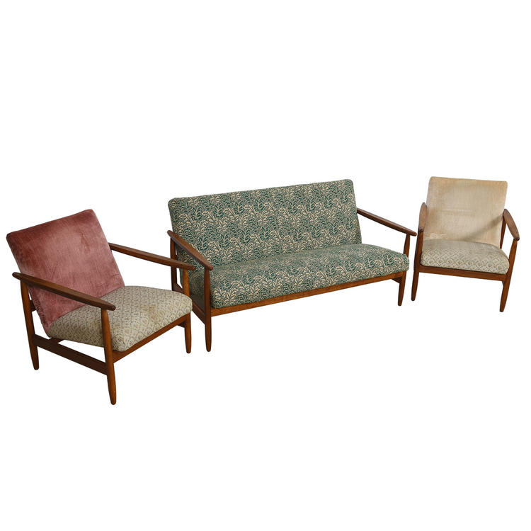Danish Modern Walnut Set of Sofa and 2 Lounge Chairs