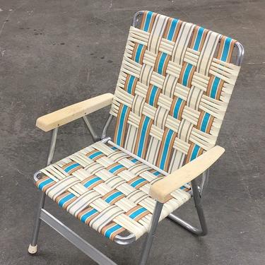 Vintage Lawn Chair Retro 1970s Mid Century Modern + Webbed + Vinyl + Ribbon Seat + Creme + Teal + Silver Metal Frame + Folds + Patio Chair 