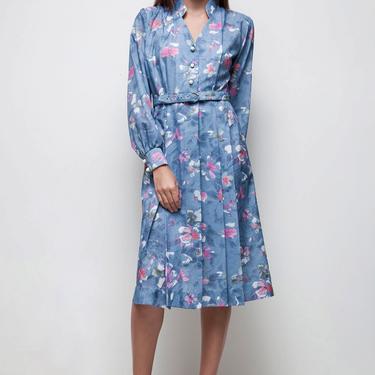 shirtwaist dress belted V-neck vintage blue floral midi 70s shirtdress LARGE L long sleeves 