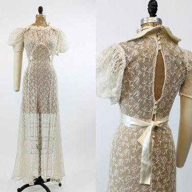 1930s embroidered wedding dress xs | vintage 30s sheer organza gown 