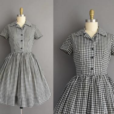1950s vintage dress | Black &amp; White Gingham Print Short Sleeve Full Skirt Cotton Summer Dress | Medium | 50s dress 