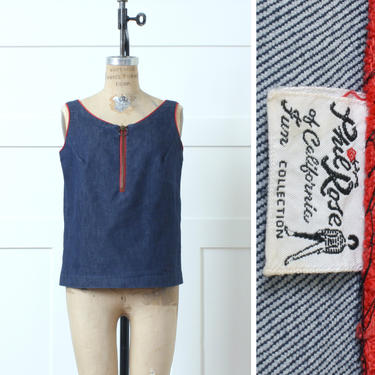 vintage 1960s mod zipper front top • sleeveless dark wash denim blue & red tank 