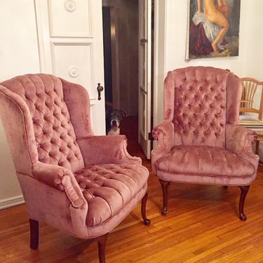 Classy Comics | Pair of Pink Velvet Wing Chairs