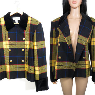 Vintage 80s/90s Yellow Plaid Wool Blazer With Velvet Collar And Gold Buttons Size L/XL 