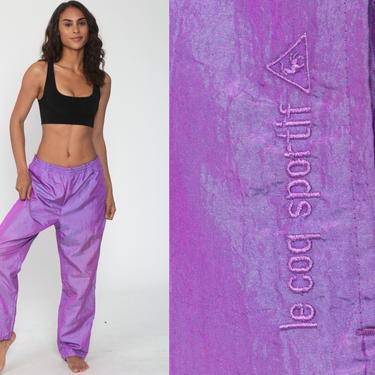 Iridescent Track Pants 90s Le Coq Sportif Purple Nylon Jogging Pants Warmup Track Suit Athletic Vintage Gym Running Joggers Small Medium by ShopExile