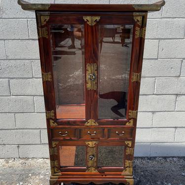 Antique Korean China Cabinet Asian Pagoda Chinoiserie Boho Chic Ming Chest Etagere Display Case Console Storage Glass Brass Bookcase Shelves 