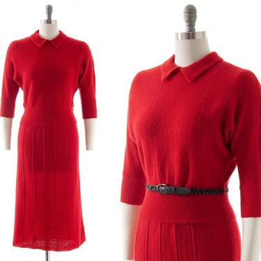 Vintage 1940s 1950s Knit Set | 40s 50s Bright Red Knit Wool Peter Pan Collar Pullover Sweater Top Matching Skirt Dress (small/medium) 