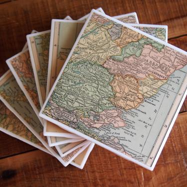 1931 Scotland Vintage Map Coasters - Set of 6 - Ceramic Tile - Repurposed 1930s Hammond Atlas - UK United Kingdom Edinburgh Glasgow 