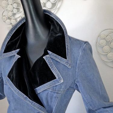 RESERVED for LISA do not buy!Vintage Denim Hippie Coat Incredibly Cool Rock & Roll  Sexy 1970s 70s Blue Jean Spring Coat Black Velvet Collar 