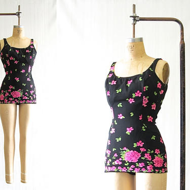 BATHING BEAUTY Vintage 50s Bathing Suit | 1950's Floral One Piece Swimsuit | Helanca, Made in Italy | Rockabilly Pinup, VLV | Small / Medium 