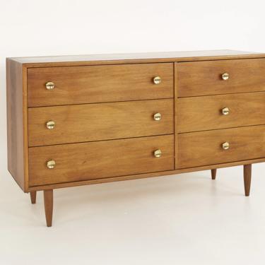 Kipp Stewart Style Mid Century Walnut and Brass 6 Drawer Lowboy Dresser - mcm 