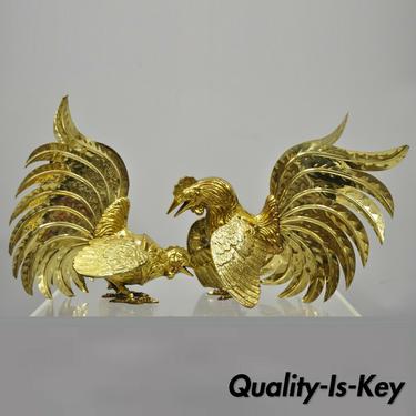 Pair of Vintage Brass Rooster Cock Fight Fighting Figural Bird Figures