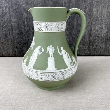 Wedgwood jasperware pitcher - sage green with classical figures - late 1800s antique 