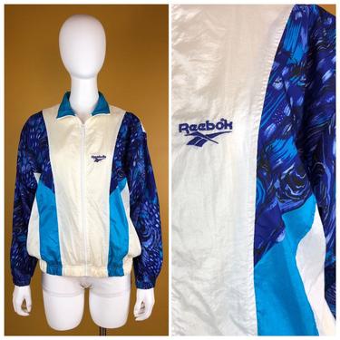 Vintage 1980s Reebok White Blue and Black Track Jacket 