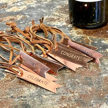 Lot of Copper Wine Bottle Tags | Celebrate Tag | Drink Me Tag | Thanks Tag | Congrats Tag | Copper and Leather | Wine Gift Tag | Metal Tag 