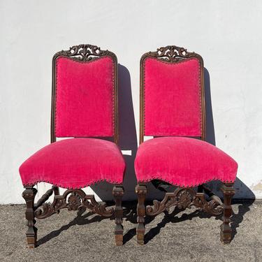 2 Antique Chairs Carved Wood Spanish Revival Style Pair of Chairs Seating Glam Victorian Hollywood Regency Set Gothic Statement Hot Pink 