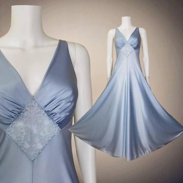 Vintage 80s Olga Nightgown, Small / Silky Blue Slip Dress Lingerie / Stretch Lace Ruched Bust / Sweeping Ankle Length Nylon Gown Night Dress 
