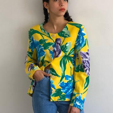 90s silk linen blazer / vintage neon yellow tropical floral botanical cropped collarless silk linen blazer | XS S 