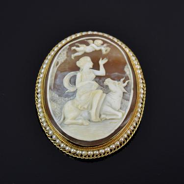 Vintage 14k Gold Finely Carved Shell Cameo Europa with Zeus as a Bull &amp; Cupid 