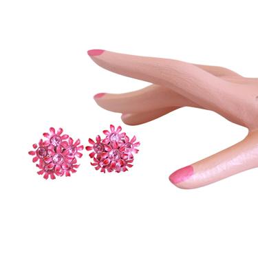 1960s Bright Pink Enamel Flower Cluster Earrings with Pink Rhinestones - Vintage Pink Earrings - 1960s Pink Earrings - Pink Flower Earrings 