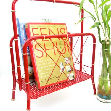 Vintage Red &amp; Gold Faux Bamboo Metal Magazine Rack 