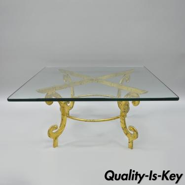 Vintage Gold Metal and Glass Italian Hollywood Regency Scrolling Coffee Table