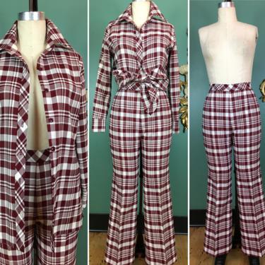 1970s plaid suit, vintage pantsuit, small medium, 70s bellbottoms, shirt and pants, retro outfit, polyester 2 piece set, 27 waist, flared 