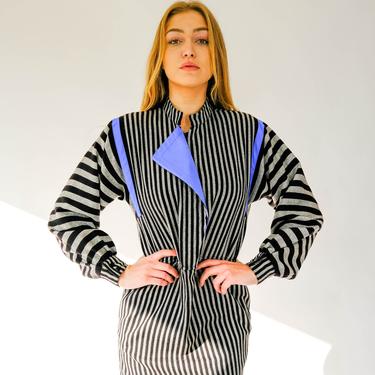 Vintage 80s Louis Feraud Black & Gray Striped Wool Dress w/ Periwinkle Blue Accents | Made in W. Germany | 1980s Designer Avant Garde Dress 