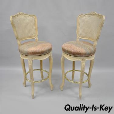 Vtg French Country Louis XV Style Cane Back Swivel Bar Stools Chairs Wood a Pair