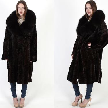 Full Length Dark Brown Mink Coat / Soft Black Fox Collar Overcoat / 70s Mahogany Shawl Collar Maxi Luxury Jacket Extra Large XXL 