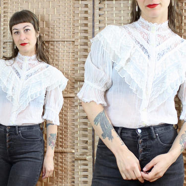 Vintage 70's Prairie Revival Mock Neck Lace White Blouse / 1970's Ruffle Gunne Sax Button Up Blouse / Summer / Women's Size Small by Ru