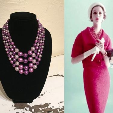 The Pearl of the Orient - Vintage 1950s Orchid Fuchsia 4 Strand Faux Pearl Necklace 
